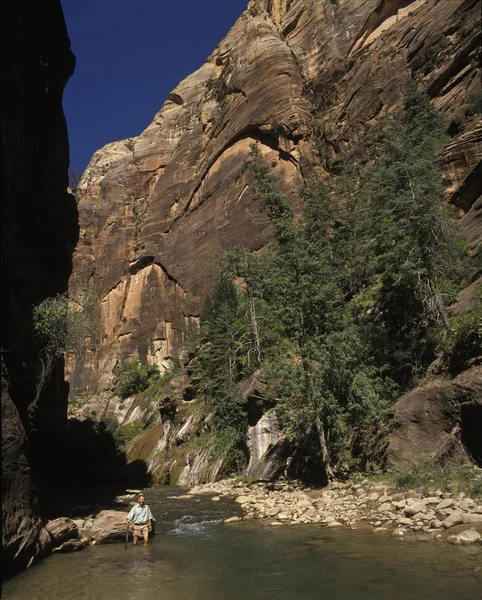 Man Går Narrows Zion National Park Utah Usa — Stockfoto