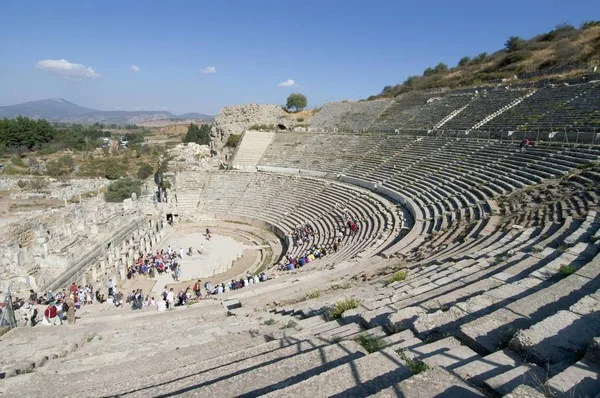 Oud Griekse Stad Turkije Efeze Ephesos Amfitheater Met Toeristische Mensen — Stockfoto