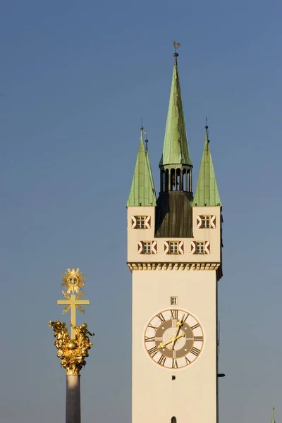 Straubing Stadtturm Tower Dreifaltigkeitssule Trinity Column Lower Bavaria Germany — Stock Photo, Image