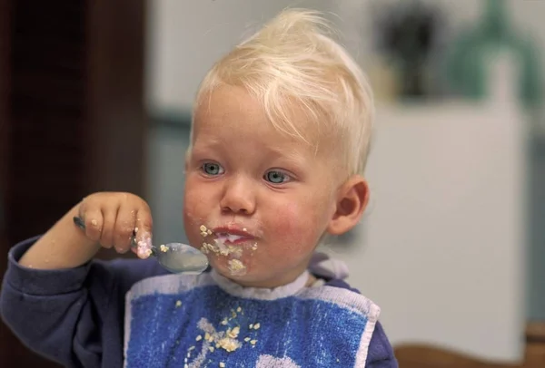 One Year Old Eating Muesli — Stock Photo, Image