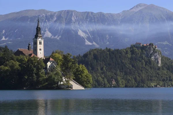 Sangrados Lago Bled Com Ilha Otok Igreja Mary Gorenjska Eslovénia — Fotografia de Stock