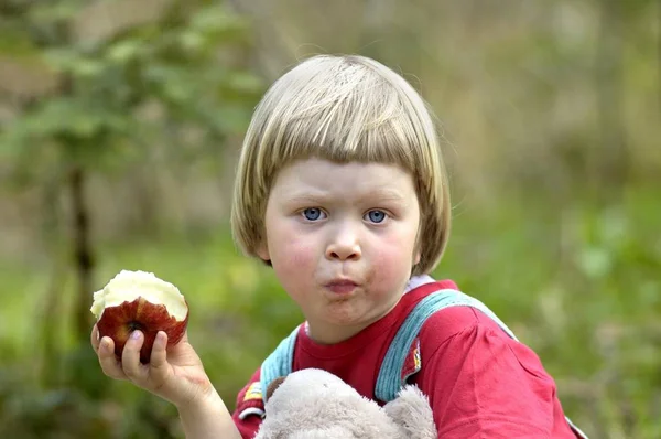 Yaşında Bir Kız Elma Yiyor — Stok fotoğraf