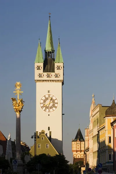 Straubing Stadtturm Tower Dreifaltigkeitssule Trinity Column Bassa Baviera Germania — Foto Stock
