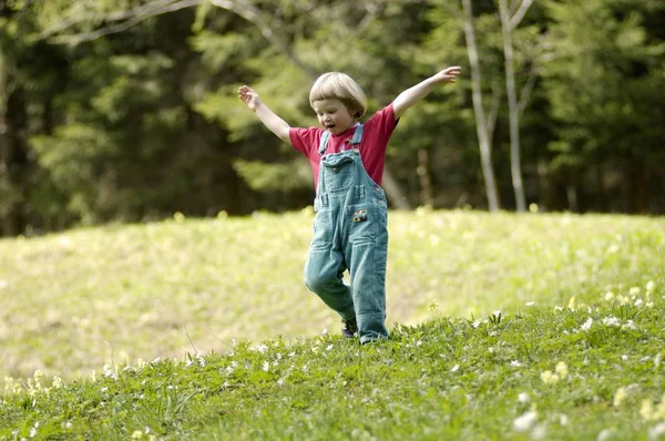 Une Fillette Trois Ans Courant Dans Une Prairie Printemps — Photo