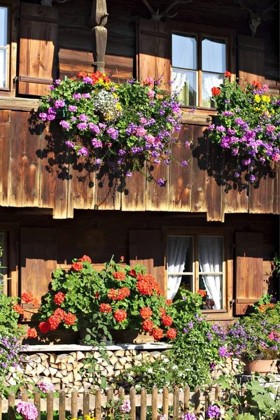 Maison Bois Avec Des Fleurs Sur Les Fenêtres — Photo