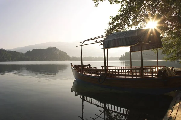 Sjön Bled Med Båt Morgon Slovenien Glaciala Sjön Extrema Nordvästra — Stockfoto