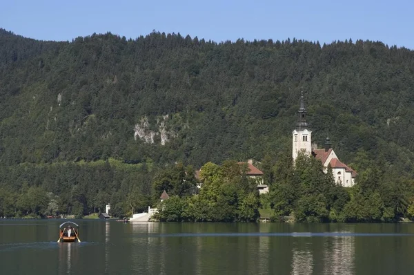 Bled Lago Bled Con Isla Otok Iglesia Santa María Gorenjska —  Fotos de Stock