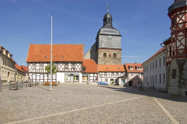 Harzgerode Nära Harz Bergen Sachsen Anhalt Tyskland Marknadsplats Och Kyrkan — Stockfoto