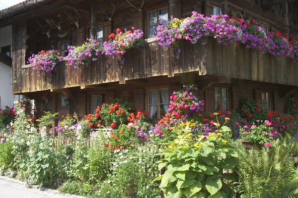 Stary Drewniany Dom Kwiatami Bernried Starnberger Zobacz Górnej Bawarii Niemcy — Zdjęcie stockowe