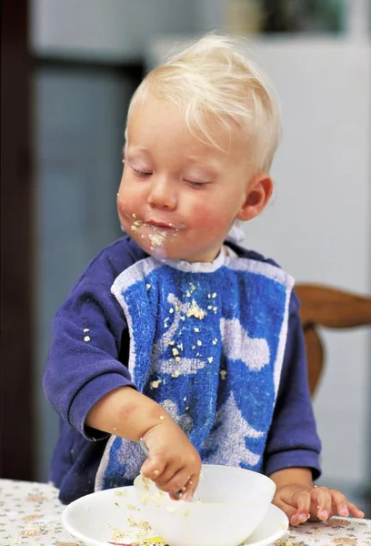 One Year Old Eating Proud His Muesli — Stock Photo, Image