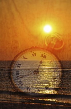 Pocket watch over sunset view in ocean  clipart