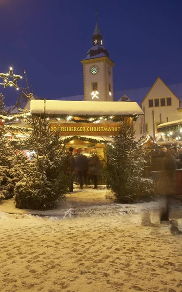 Entrada Mercado Navidad Plaza Obermarkt Frente Ayuntamiento Freiberg Sajonia Alemania — Foto de Stock