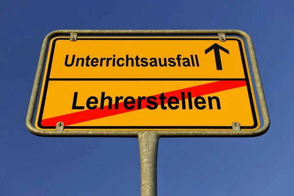 City Limit Sign Leaving Lehrerstellen Entering Unterrichtsausfall German Leaving Teaching — Stock Photo, Image