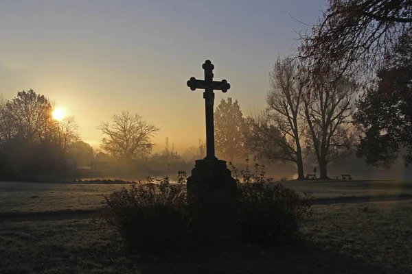 Wayside Cross Pond Early Morning Sunrise District Mittelberg Biberach Upper — Stock Photo, Image