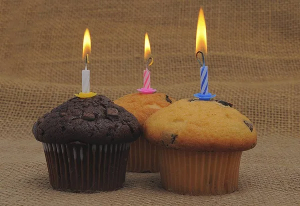Három Muffin Születésnapi Gyertyák — Stock Fotó