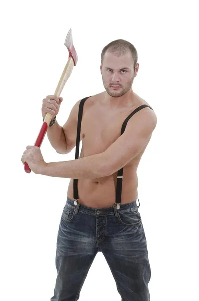 Bare Chested Man Holding Axe — Stock Photo, Image