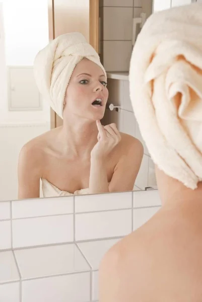 Young Woman Towel Wrapped Her Head Front Mirror — Stock Photo, Image