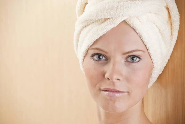 Young Woman Towel Wrapped Her Head — Stock Photo, Image