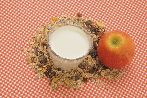 Cereais Muesli Copo Leite Uma Maçã — Fotografia de Stock