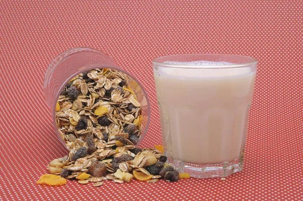 Cereali Muesli Vetro Latte — Foto Stock