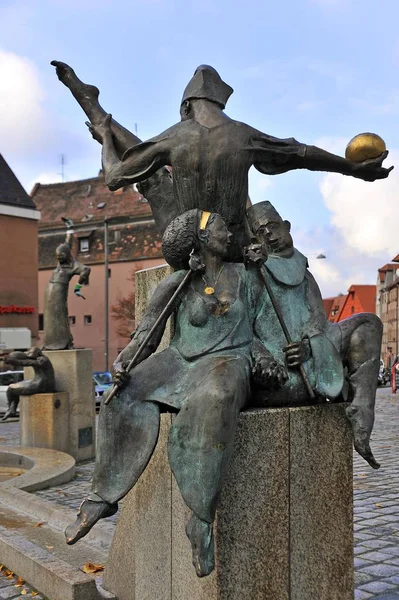 Estátuas Gauklerbrunnen Bem Pelo Artista Harro Frey Praça Gruener Markt — Fotografia de Stock