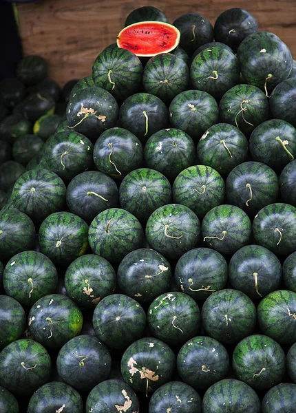 Stacked Watermelons Citrullus Lanatus Half Cut Melon Chiang Mai Northern — Stock Photo, Image