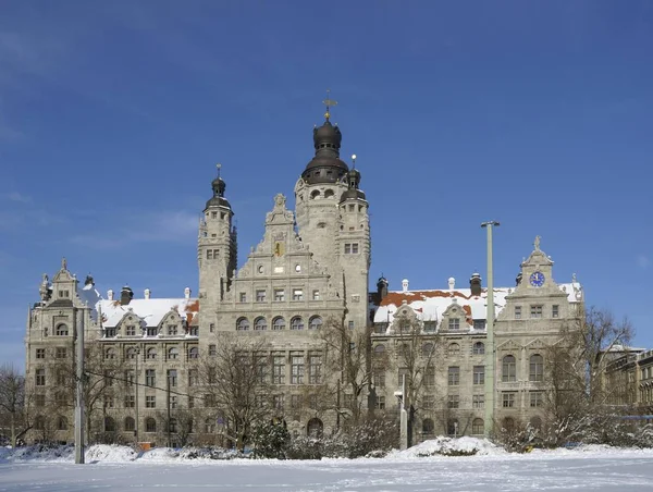 Piękny Widok Nowego Ratusza Zimowych Leipzig Saksonia Niemcy Europa — Zdjęcie stockowe