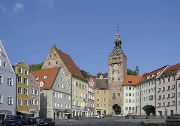 Torre Schmalzturm Plaza Principal Landsberg Lech Baviera Alemania Europa —  Fotos de Stock