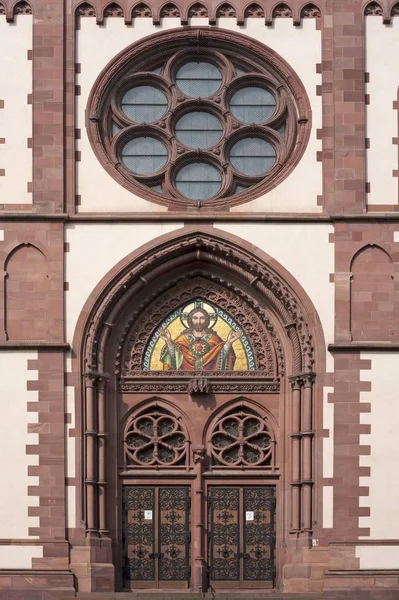 Facade of famous Sacred Heart Church, built in the style of Historicism, consecrated in 1897, Freiburg, Baden-Wurttemberg, Germany, Europe