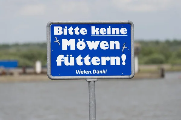 Sign Bitte Keine Mwen Fttern Please Feed Seagulls Eidersperrwerk Schleswig — Stock Photo, Image