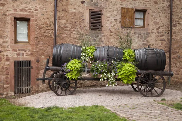 Chariot Bois Avec Tonneaux Vin Riquewihr Alsace France Europe — Photo