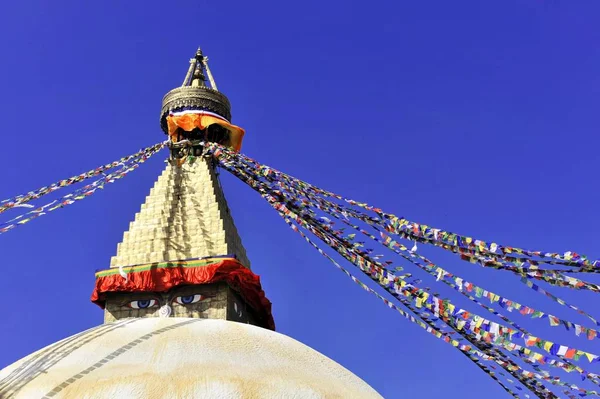 Boudhanath Stupa Unesco Welterbe Aufgemalte Augen Bunte Gebetsfahnen Tibetischer Buddhismus — Stockfoto