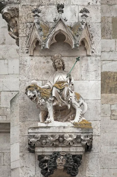 Julius Caesar or Augustus on a unicorn with fallen horn, 14th century, main facade of the Cathedral of Regensburg, Regensburg, Upper Palatinate, Bavaria, Germany, Europe
