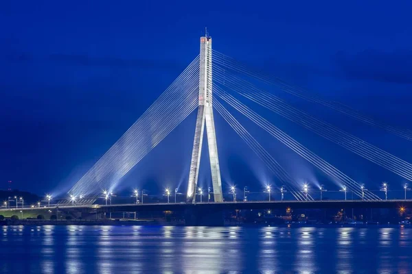 Van Bridge Cable Stayed Bridge Dusk Blue Hour Daugava River — Stock Photo, Image