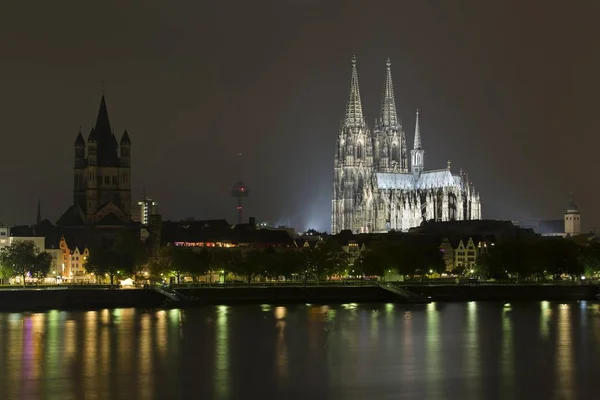 Cologne Cathedral Illuminated Night Rhine Deutz Cologne North Rhine Westphalia — Stock Photo, Image