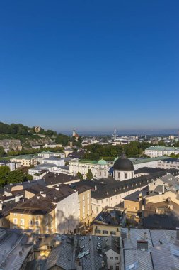 View from the Kapuzinerberg on the Neustadt with Church of the Holy Trinity, Hotel Bristol and Mirabell Palace, Salzburg, Salzburg State, Austria, Europe clipart