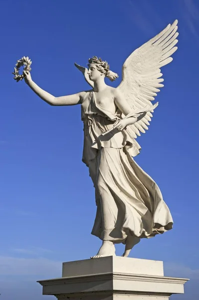 Floating Victoria sculpture, goddess of Victory, in the palace gardens of the Schweriner Schloss castle, Schwerin, Mecklenburg-Western Pomerania, Germany, Europe