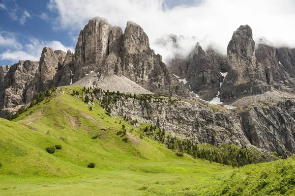 Sellamassiv Blick Vom Grödnerpass Grödnerjoch 2121M Dolomiten Wolkenstein Südtirol Trentino — Stockfoto