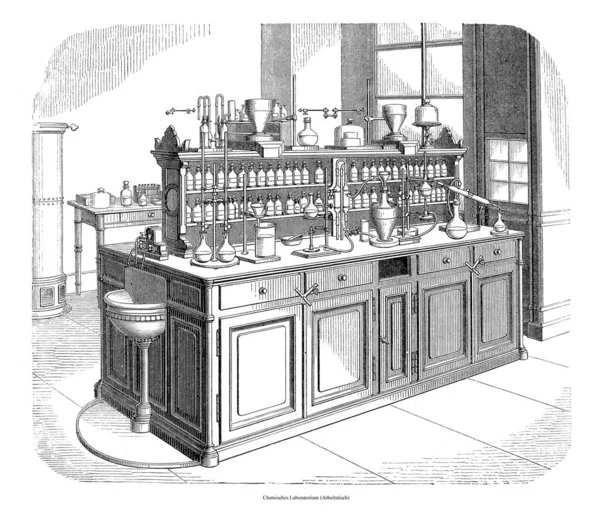 Chemical Laboratory Working Desk Illustration Meyers Lexicon 1897 — 스톡 사진