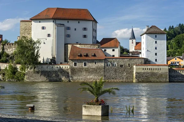 Veste Niederhaus Fortress Danube High Water Back Parish Church Severin — Stock Photo, Image