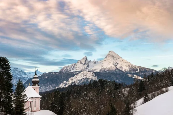 Pilgrimskyrkan Maria Gern Vintern Watzmann Bakom Berchtesgaden District Bayern Tyskland — Stockfoto