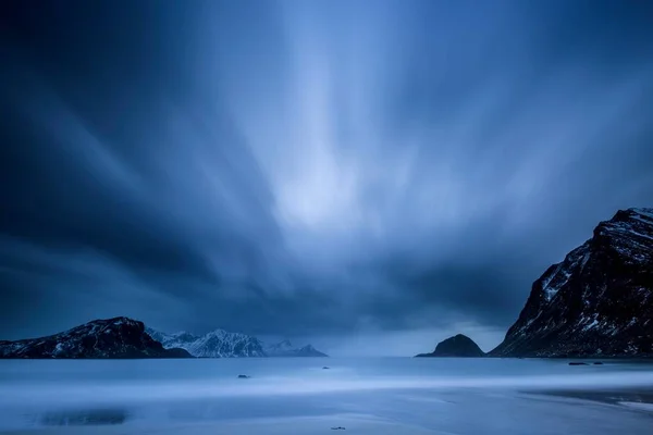 Blue Hour Playa Haukland Lofoten Noruega Europa —  Fotos de Stock