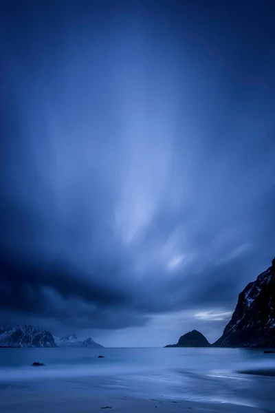 Blue Hour Beach Haukland Lofoten Norway Europe — 图库照片