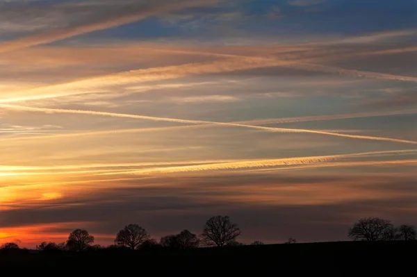 Solnedgång Med Kontraster Himlen Silhuett Träd Mecklenburg Vorpommern Tyskland Europa — Stockfoto