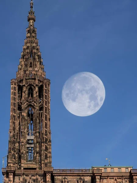 Katedra Strasburgu Wieża Pełnią Księżyca Strasburg Francja Europa — Zdjęcie stockowe
