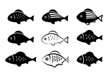 Beyaz arka planda siyah balık simgeler 