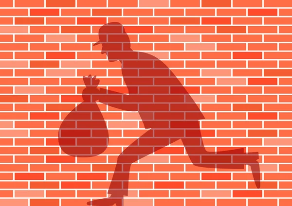 Thief shadow on brick wall — Stock Vector