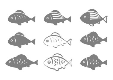 Beyaz arka plan gri balık simgeleri  