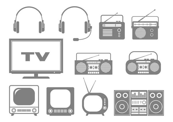 Ícones de áudio e TV cinza no fundo branco — Vetor de Stock