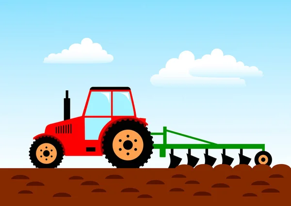 Jordbruksarbetet, röd traktor på fältet — Stock vektor